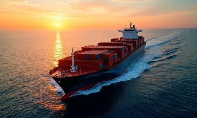 Containerschiff im Hafen bei Sonnenuntergang